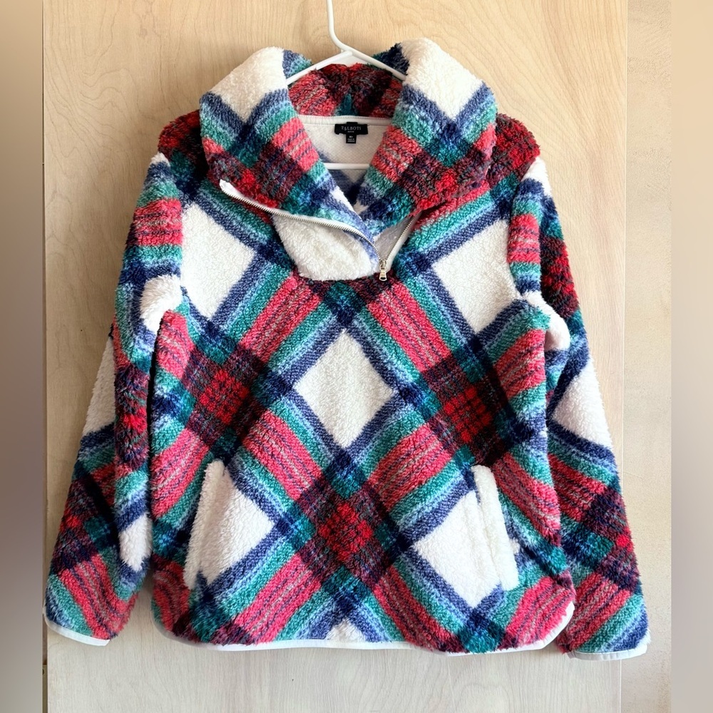 Talbots Ultra Plush Sherpa Fleece Top Zip Blue Green Plaid Women’s Med Petite - Picture 2 of 11